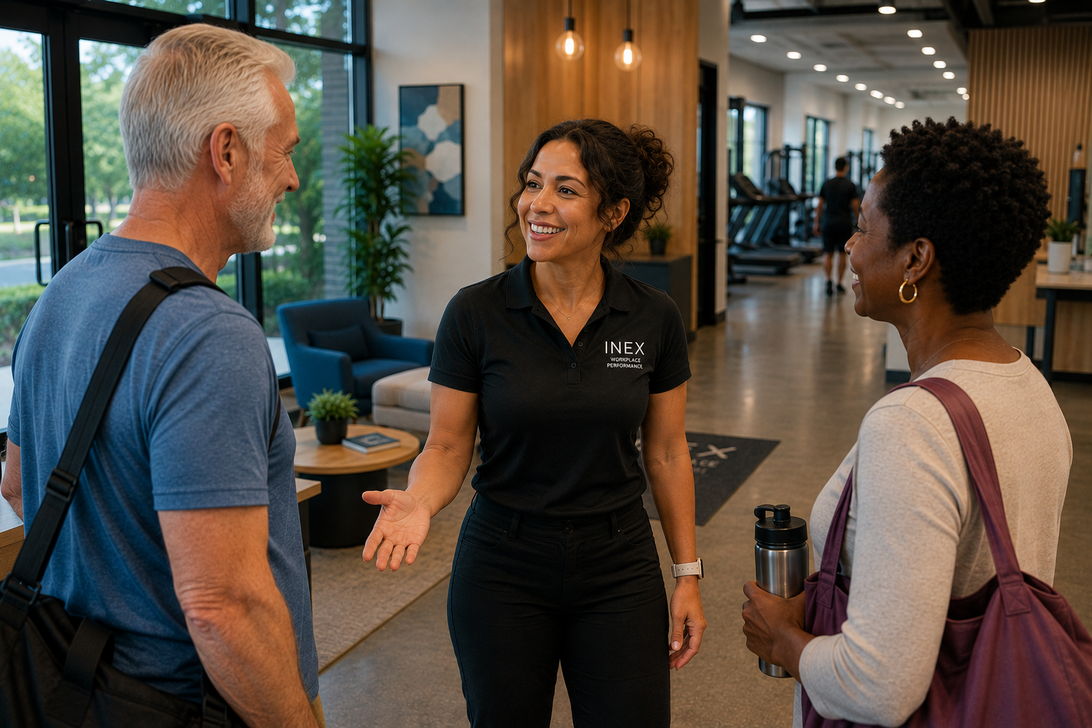 INEX coach welcoming employees into a workplace fitness center