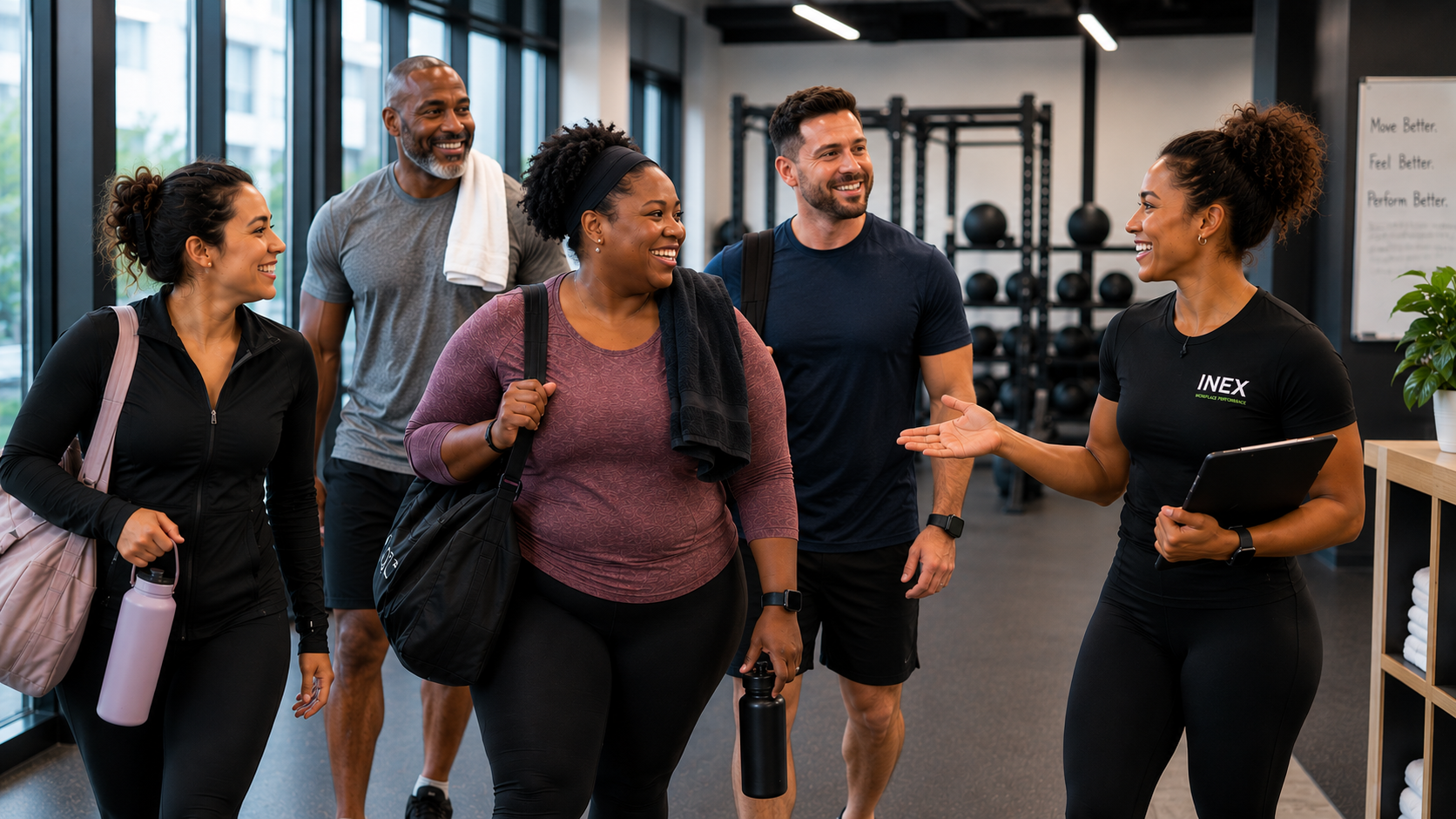 INEX coach welcoming employees into a workplace fitness space