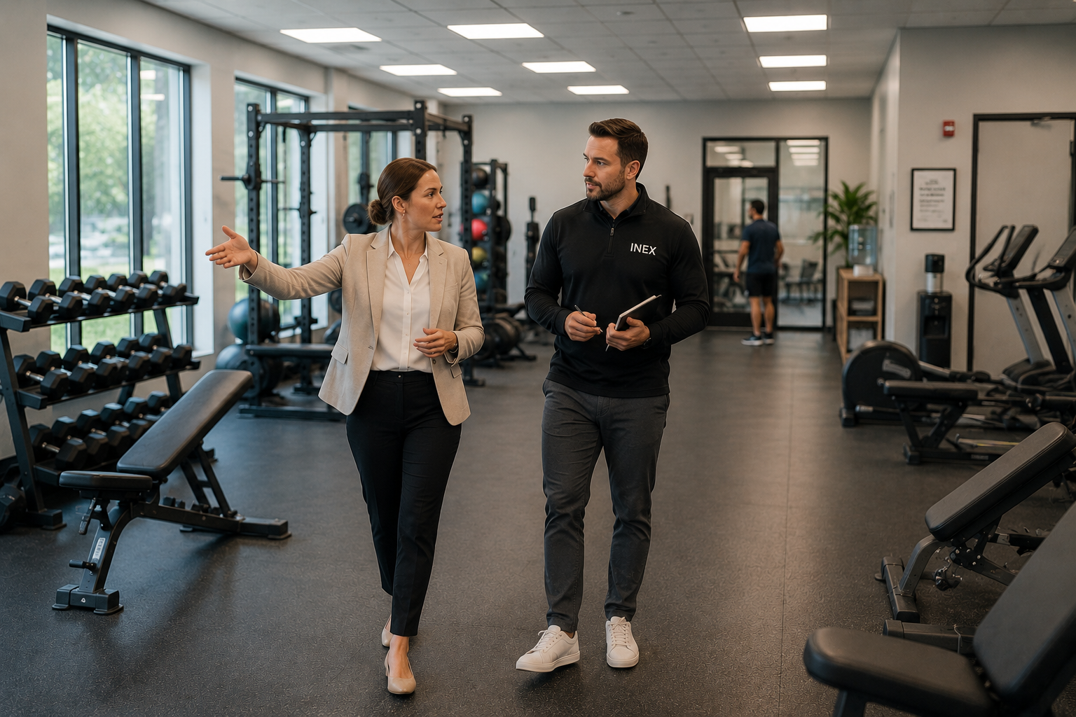 INEX representative walking an employer-provided fitness space with a workplace leader