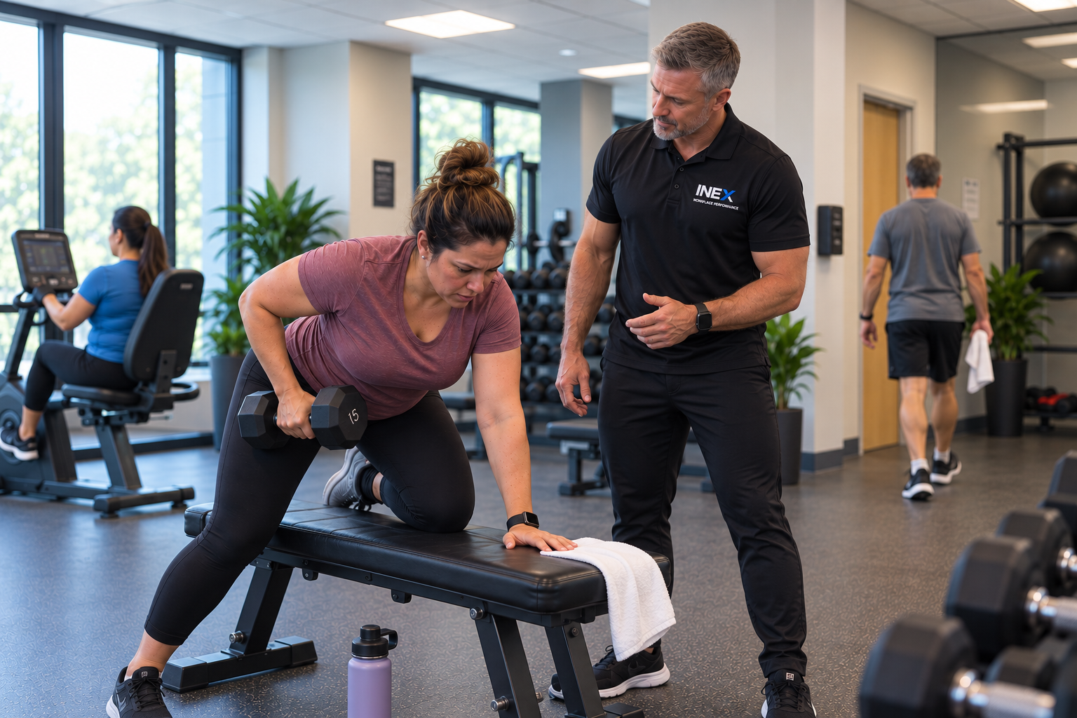 INEX coach checking in with an employee while others use the workplace fitness space independently