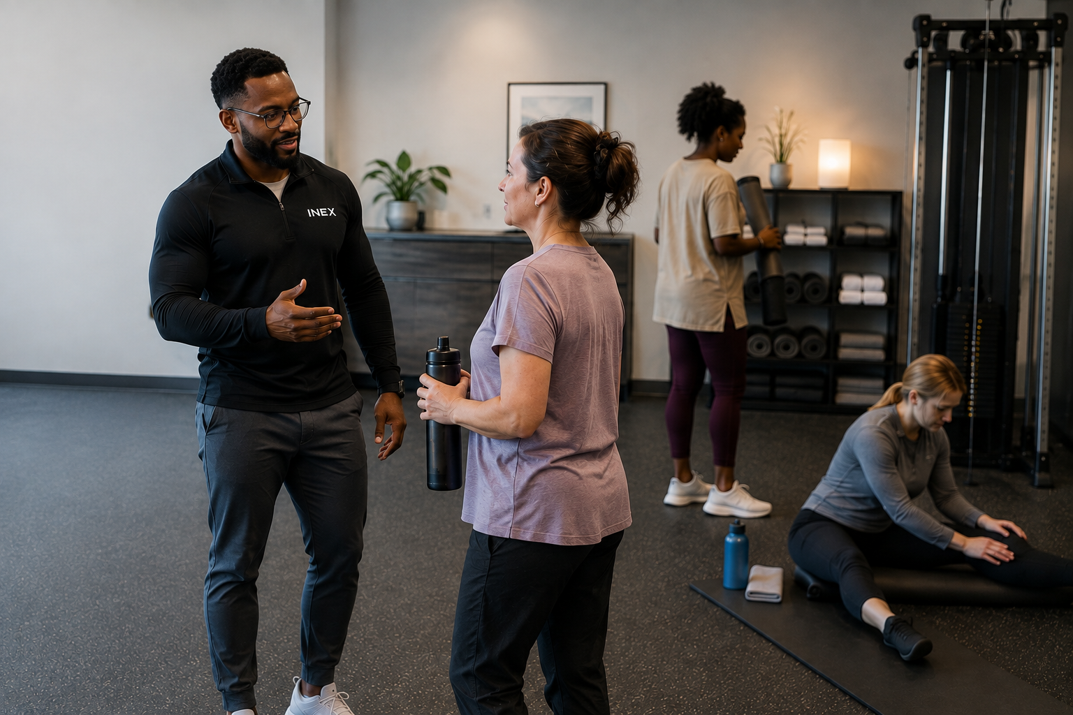 INEX coach engaging employees in an active workplace fitness space