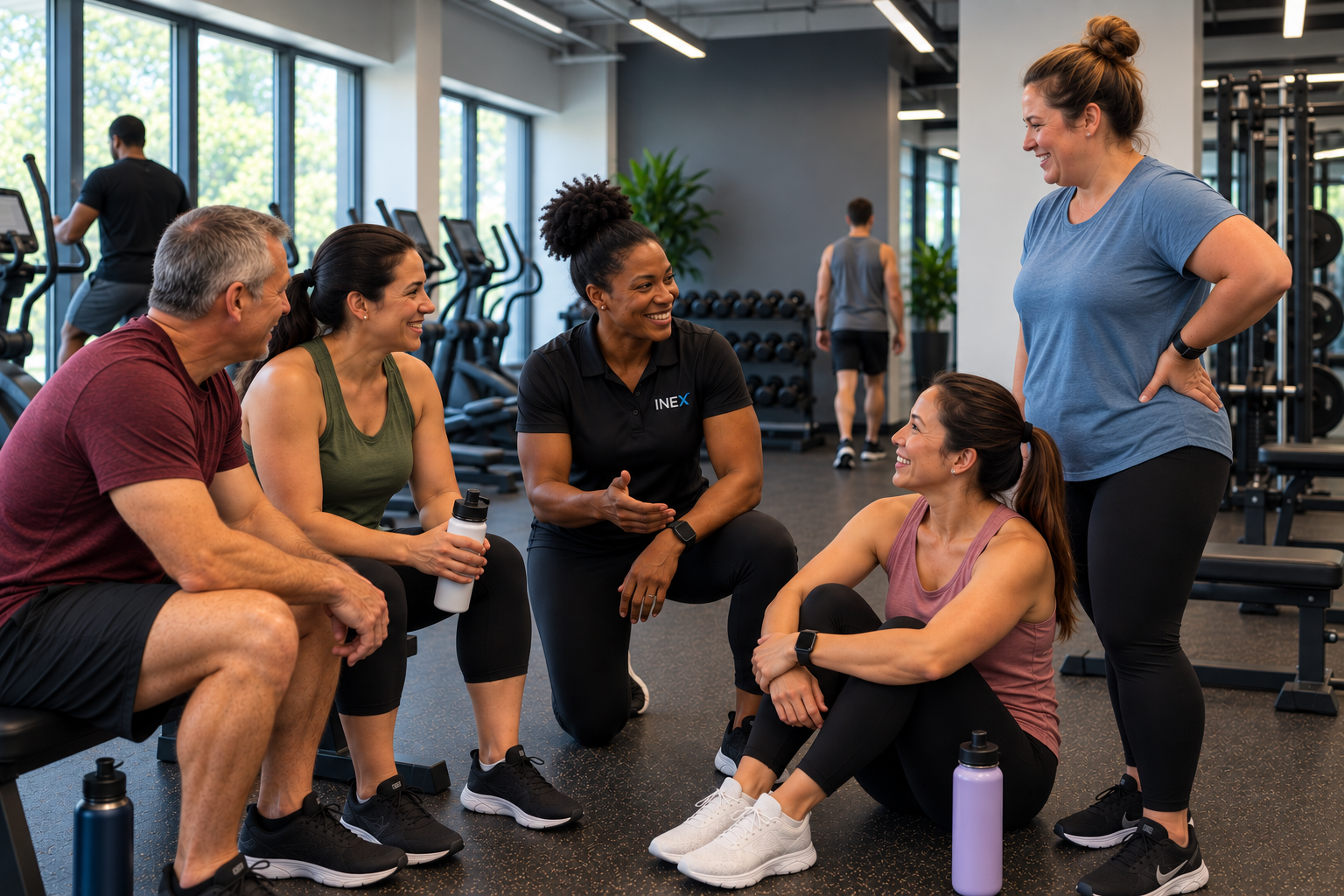 A mixed group of employees connecting in a welcoming workplace fitness environment