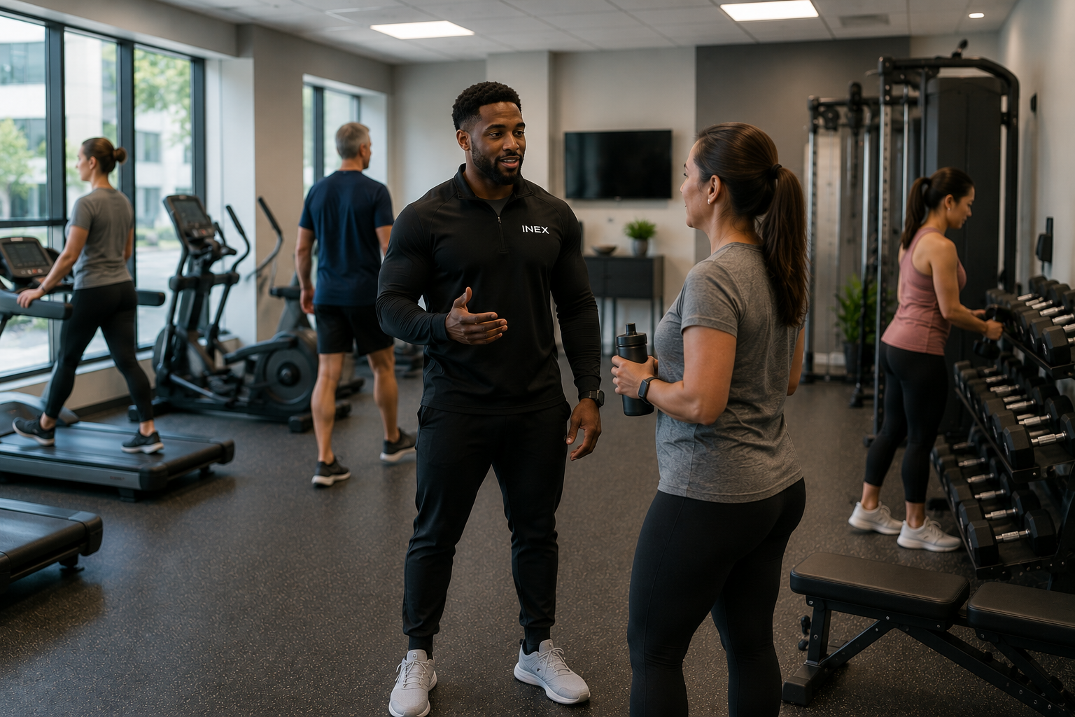INEX coach engaging an employee while colleagues use an employer-provided fitness space during the workday