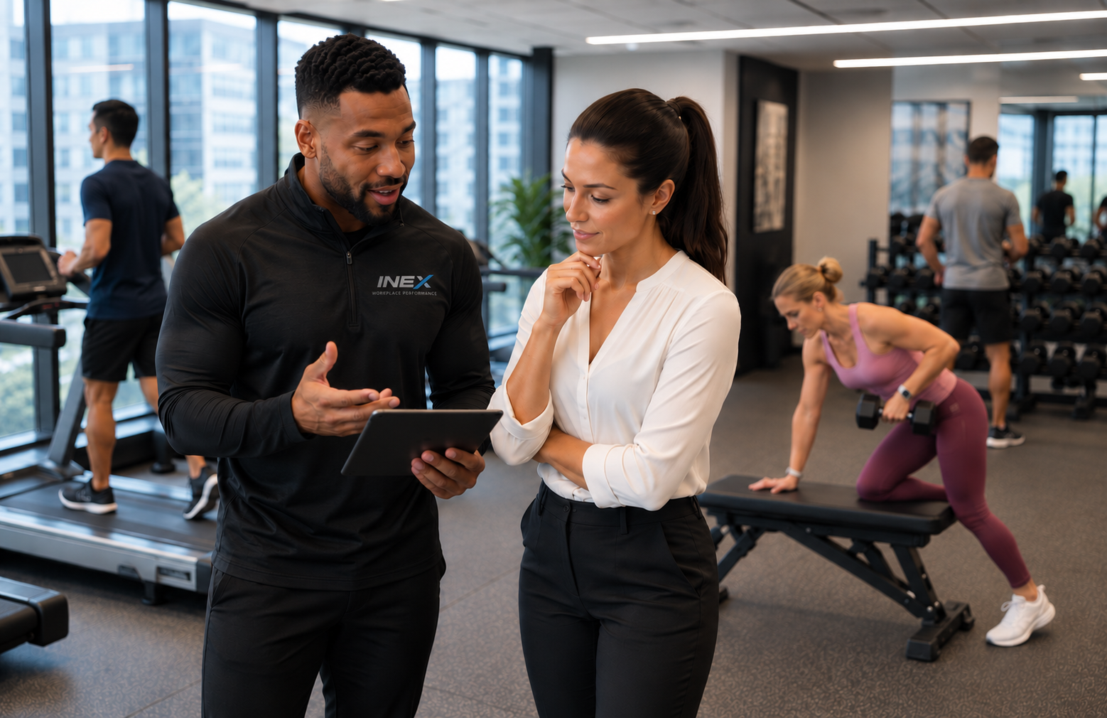 INEX coach speaking with an employee while colleagues train in a workplace fitness space