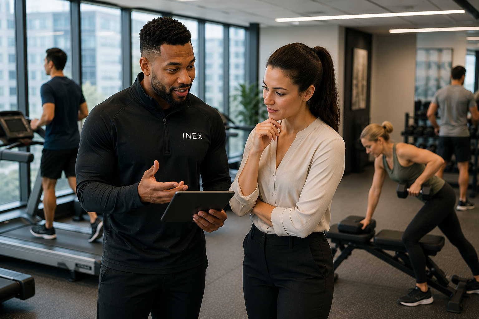 INEX coach speaking with an employee while colleagues train in a workplace fitness space