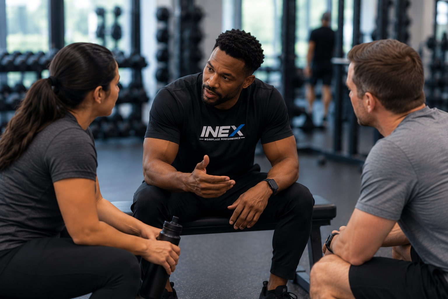 An INEX coach having a natural conversation with employees inside a workplace fitness space